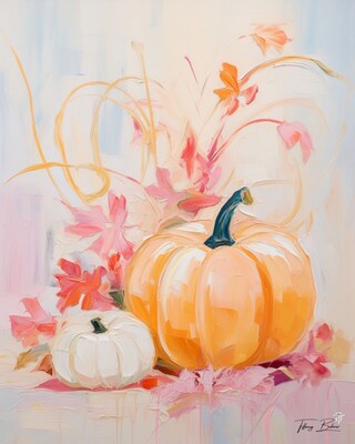 Coral and Cream Pumpkins- Giclee Fine Art Print on Heavy Fine Art Paper - Original Art by Tiffany Bohrer, Tipsy - image1